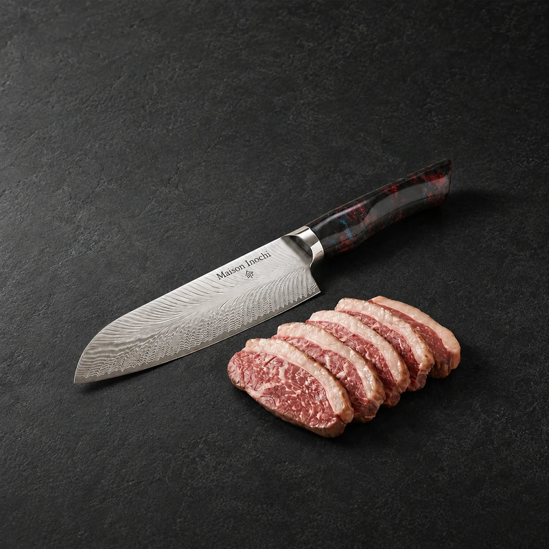 Santoku Akita près de tranches de viande