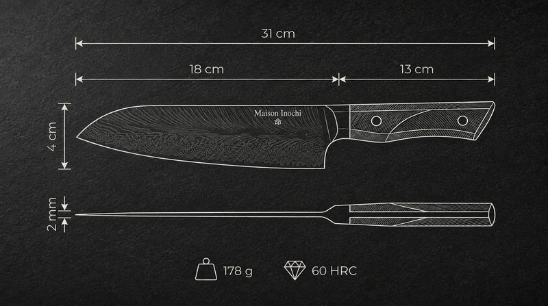 Schéma des dimensions du santoku Akita